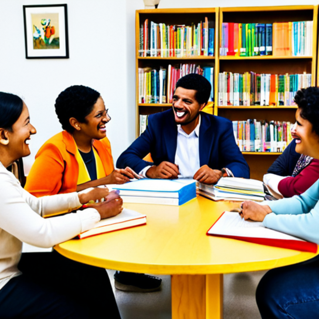 **

A diverse group of fully clothed people, representing different linguistic backgrounds, gathered around a table at a community center. They are engaged in friendly conversation and cultural exchange, surrounded by books and artifacts representing various cultures. The scene is brightly lit and cheerful, emphasizing inclusivity and respect.  Safe for work, appropriate content, fully clothed, family-friendly, professional photography, perfect anatomy, natural proportions.

**