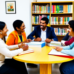 **

A diverse group of fully clothed people, representing different linguistic backgrounds, gathered around a table at a community center. They are engaged in friendly conversation and cultural exchange, surrounded by books and artifacts representing various cultures. The scene is brightly lit and cheerful, emphasizing inclusivity and respect.  Safe for work, appropriate content, fully clothed, family-friendly, professional photography, perfect anatomy, natural proportions.

**