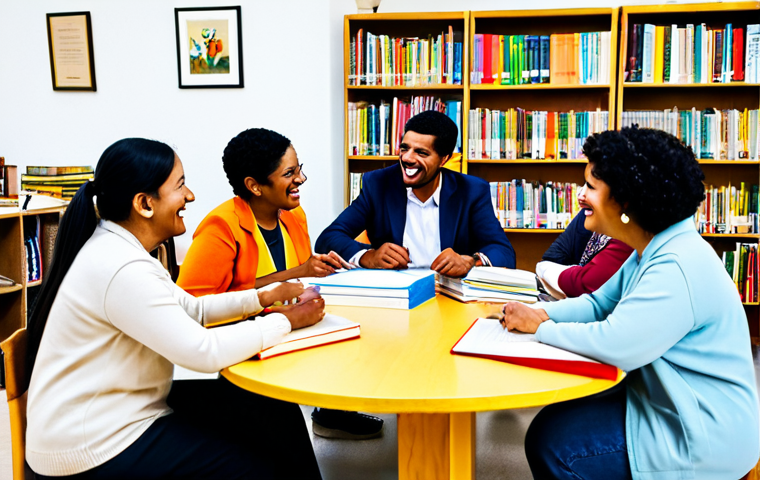 **
A diverse group of fully clothed people, representing different linguistic backgrounds, gathered around a table at a community center. They are engaged in friendly conversation and cultural exchange, surrounded by books and artifacts representing various cultures. The scene is brightly lit and cheerful, emphasizing inclusivity and respect. Safe for work, appropriate content, fully clothed, family-friendly, professional photography, perfect anatomy, natural proportions.
**