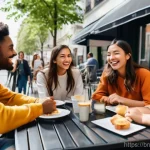 Home 13 언어적 편향과 사회적 압력 - **Prompt:** A bustling, sunlit outdoor cafe in a modern city. A diverse group of young adults, aged ...