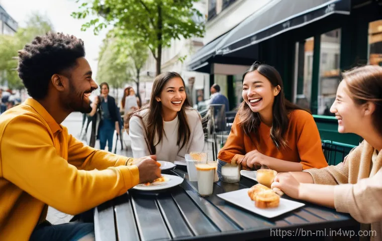 언어적 편향과 사회적 압력 - **Prompt:** A bustling, sunlit outdoor cafe in a modern city. A diverse group of young adults, aged ...