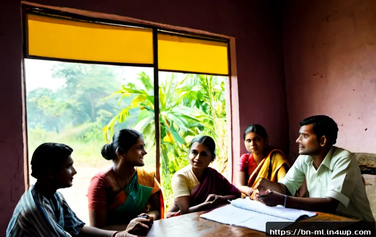 Home 13 언어적 편향이 사회에 미치는 영향 - Photorealistic community meeting in Bangladesh, a diverse group of adults seated around a table, one...
